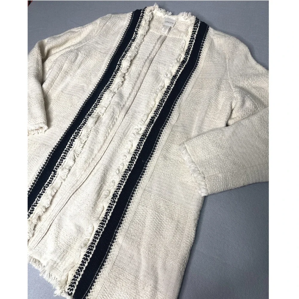 Chicos Fringe Tweed Cardigan Cream Open‎ Front Longline Sweater Size 1